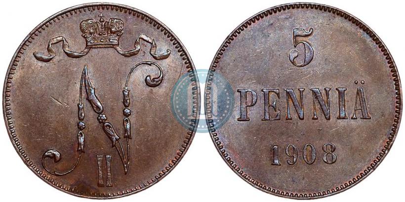 Picture 5 pennia 1908 year  